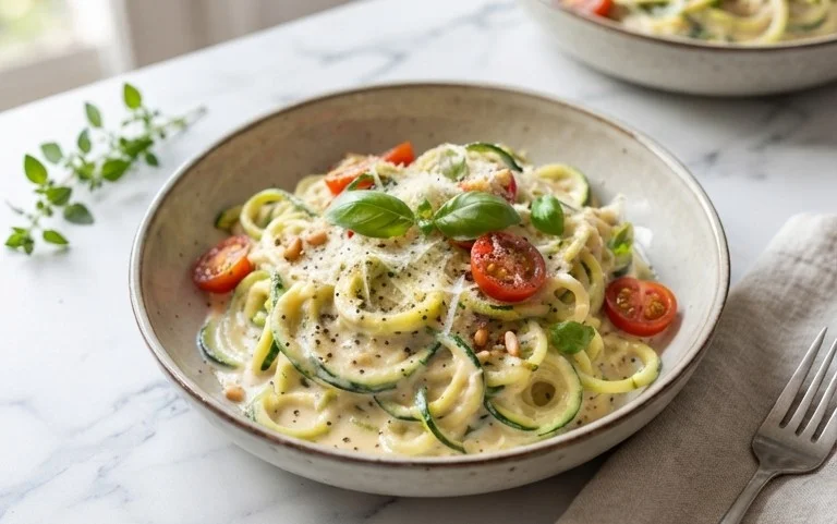 Zucchini-Spaghetti in cremiger Sauce– Zoodles