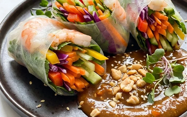 Rainbow Spring Rolls with Gin Extractger Peanut Sauce
