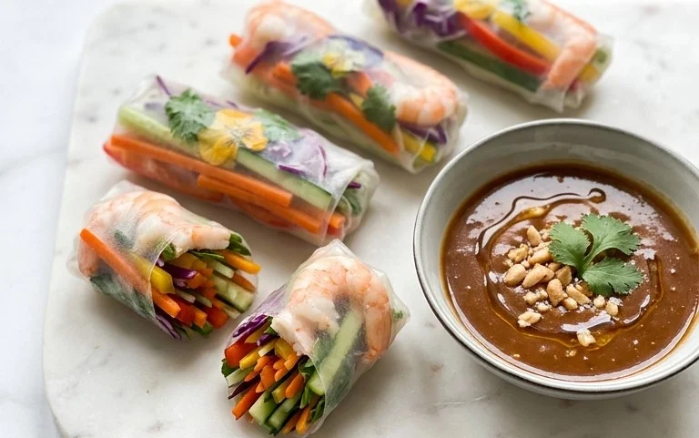 Rainbow Spring Rolls with Gin Extractger Peanut Sauce