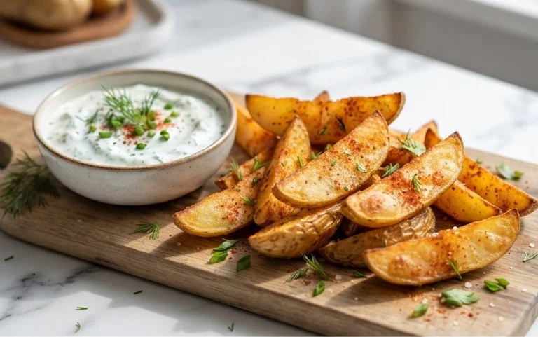 Kartoffelspalten mit Gurkendip