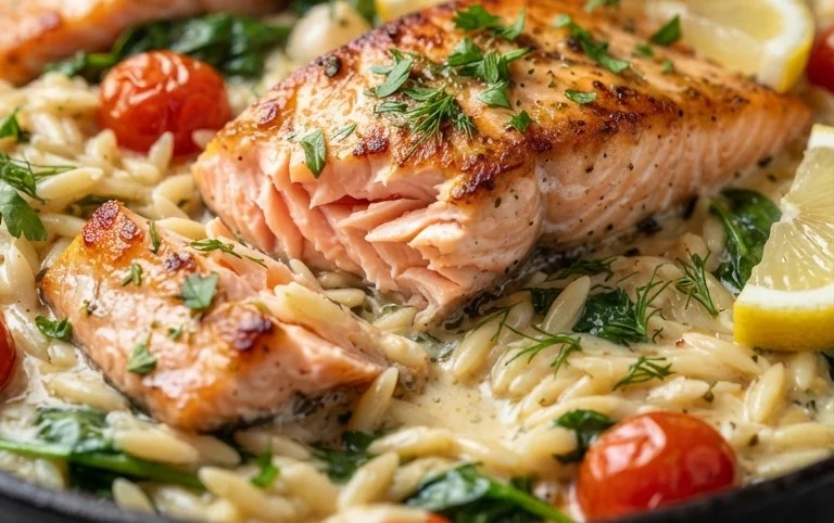 One Skillet Salmon with Lemon Orzo