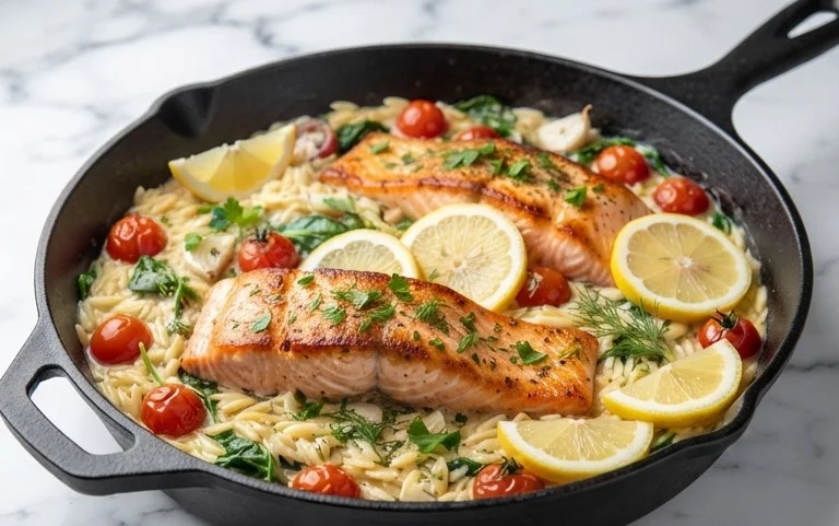 One Skillet Salmon with Lemon Orzo