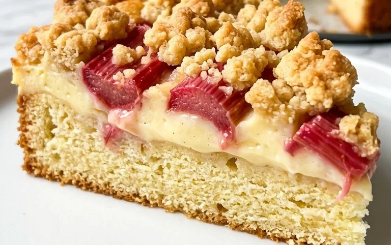 Rhabarberkuchen mit Pudding und Streuseln – wie von Oma