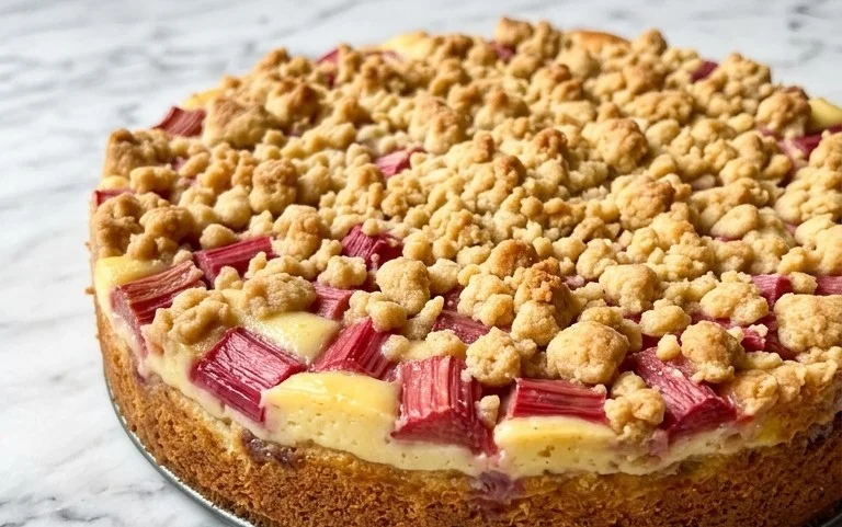 Rhabarberkuchen mit Pudding und Streuseln – wie von Oma